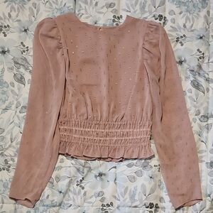 Express Blush Pink Smocked-Waist Puff Sleeve Long-Sleeve Top